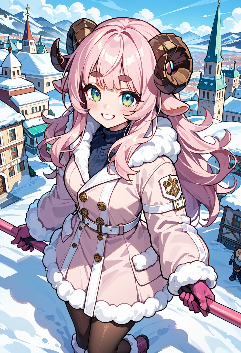 (UHD, best quality,  highres icon), 1girl,  long pink fluffy hair pulling a sled, Sheep&#39;s round horns, Thick eyebrows, smile, I'm looking up at Fluffy Wool Coat , pink vertical stripe sweater,  black tights , Big gloves,  lace-up boots BREAK are looking up,  snow is falling , Beautiful cityscape, People passing by 々