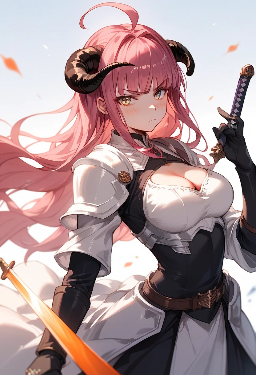 1girl, solo, orange_eyes, long_hair, rating:s, armor,cleavage cutout, cleavage, armor,looking_at_viewer, bangs, horns, ahoge, breasts, long_sleeves, white coat,serious, sword, holding sword,eyebrows_visible_through_hair, blush, gloves, shirt, magenta_hair, silver_shirt, skirt, ribbon, medium_breasts, long_hair, closed_mouth, cowboy_shot, depth_of_field, blunt_bangs, simple backgroud, perfect hand, planted-sword, ojou-sama pose