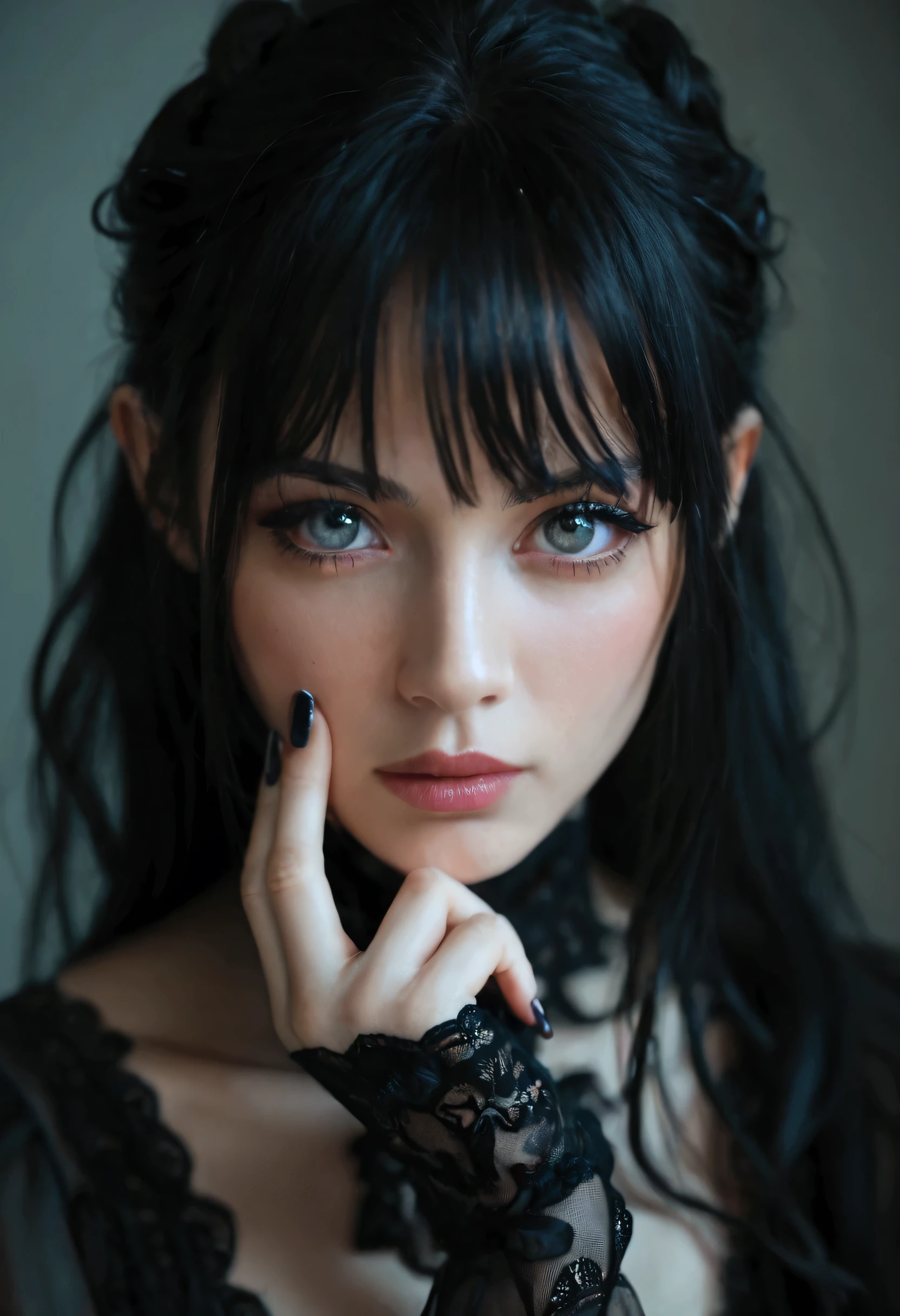 there is a woman with black hair and a black dress, cute face. dark fantasy, stunning anime face portrait, dark fantasy mixed with realism, cgsociety portrait, 🤤 girl portrait, 8k portrait render, beautiful realistic photo, soft portrait shot 8 k, dark fantasy portrait, black hair and large eyes, with long hair and piercing eyes, beautiful cyberpunk girl face, long nails black and gol