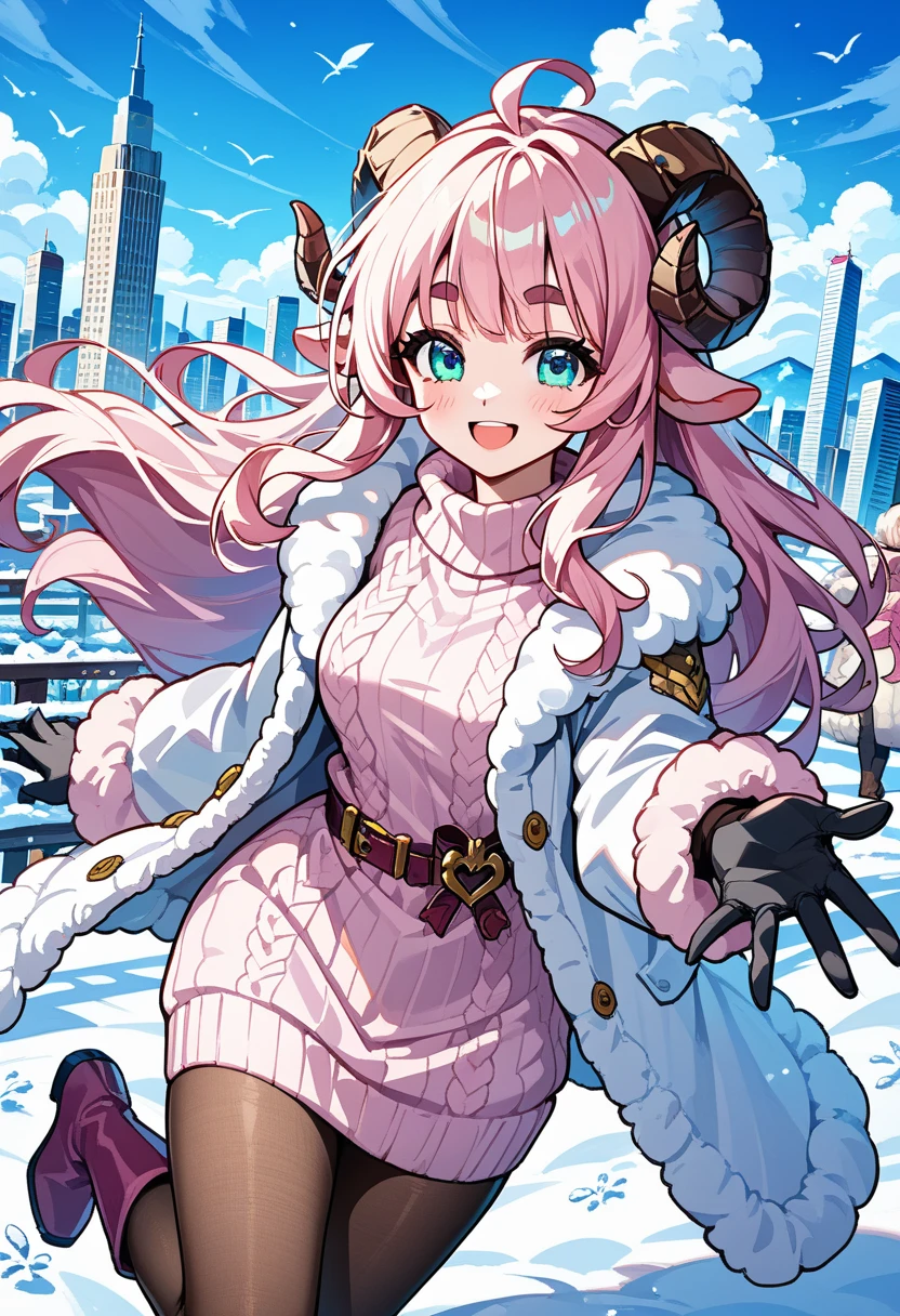 (UHD, best quality,  highres icon), 1girl,  long pink fluffy hair, Sheep&#39;s round horns, Thick eyebrows, smile, I'm looking up at Fluffy Wool Coat , pink vertical stripe sweater,  black tights , Big gloves,  Lace-up Boots BREAK,  snow is falling , Beautiful cityscape, People passing by 々