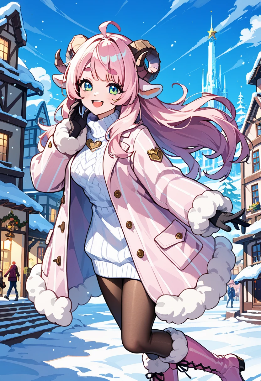 (UHD, best quality,  highres icon), 1girl,  long pink fluffy hair, Sheep&#39;s round horns, Thick eyebrows, smile, I'm looking up at Fluffy Wool Coat , pink vertical stripe sweater,  black tights , Big gloves,  Lace-up Boots BREAK,  snow is falling , Beautiful cityscape, People passing by 々