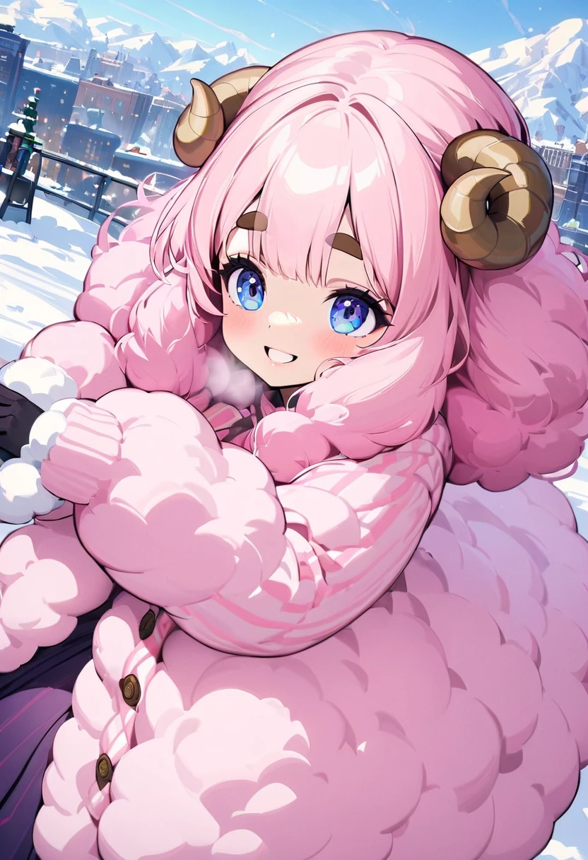 (UHD, best quality,  highres icon), 1girl,  long pink fluffy hair, Sheep&#39;s round horns, Thick eyebrows, smile, I'm looking up at Fluffy Wool Coat , pink vertical stripe sweater,  black tights , Big gloves,  Lace-up Boots BREAK,  snow is falling , Beautiful cityscape, People passing by 々