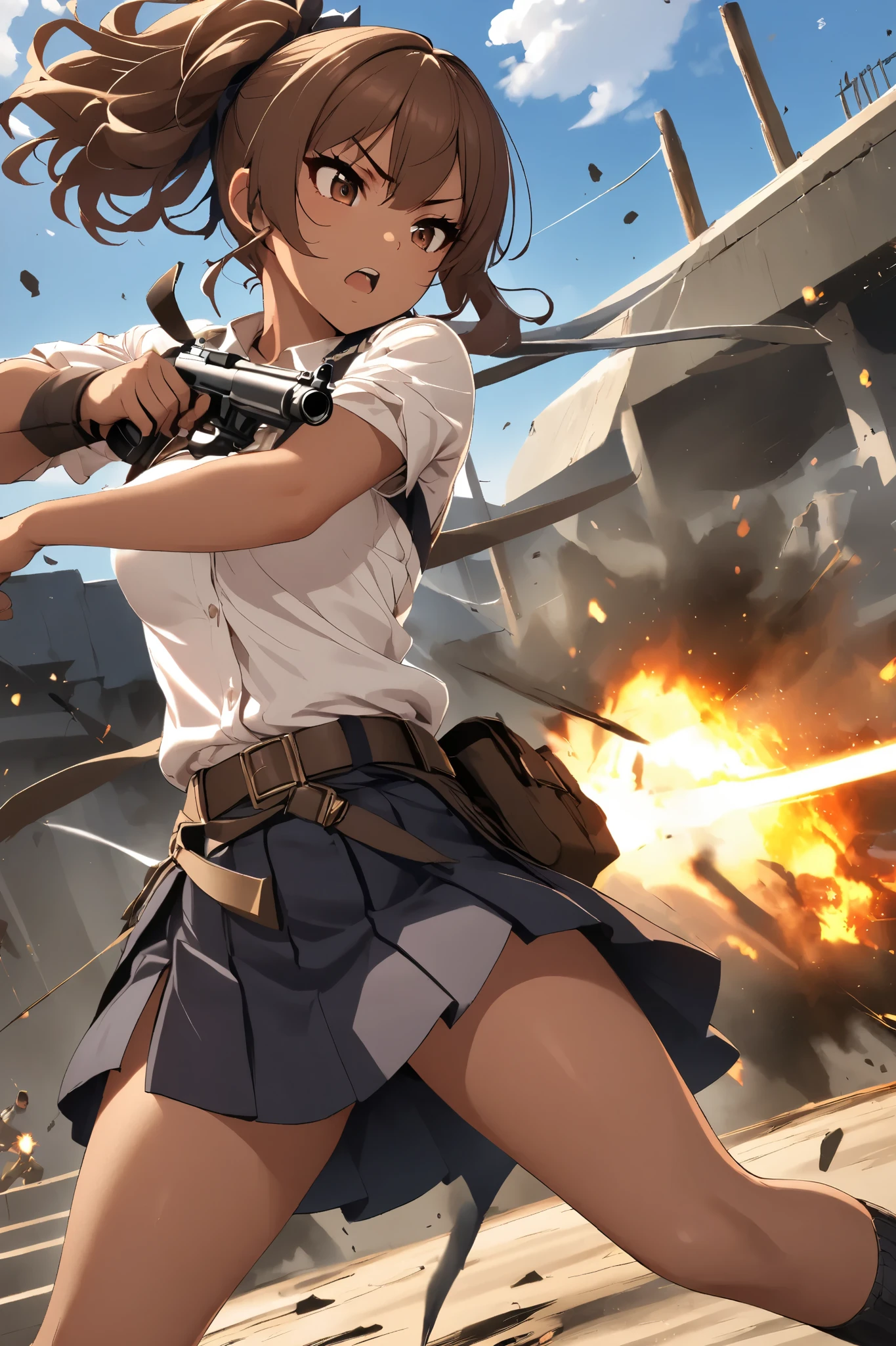  1 girl,   glossy brown skin, small breasts, During combat,Shoot