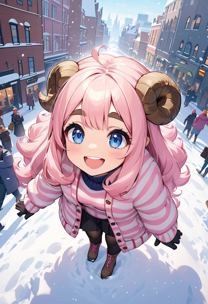 (UHD, best quality,  highres icon), 1girl,  long pink fluffy hair, Sheep&#39;s round horns, Thick eyebrows, smile, I'm looking up at Fluffy Wool Coat , pink vertical stripe sweater,  black tights , Big gloves,  lace-up boots BREAK looking up,  snow is falling , Beautiful cityscape, People passing by 々