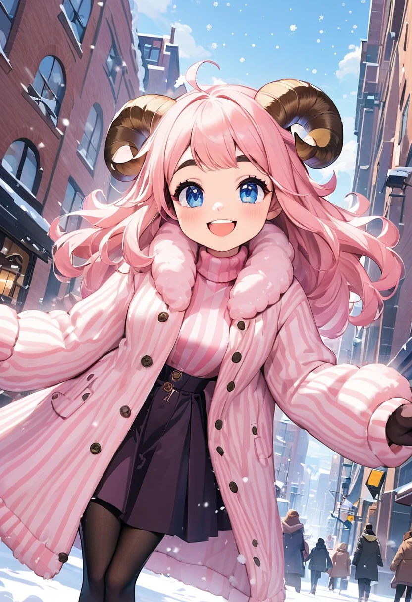 (UHD, best quality,  highres icon), 1girl,  long pink fluffy hair, Sheep&#39;s round horns, Thick eyebrows, smile, I'm looking up at Fluffy Wool Coat , pink vertical stripe sweater,  black tights , Big gloves,  lace-up boots BREAK looking up,  snow is falling , Beautiful cityscape, People passing by 々