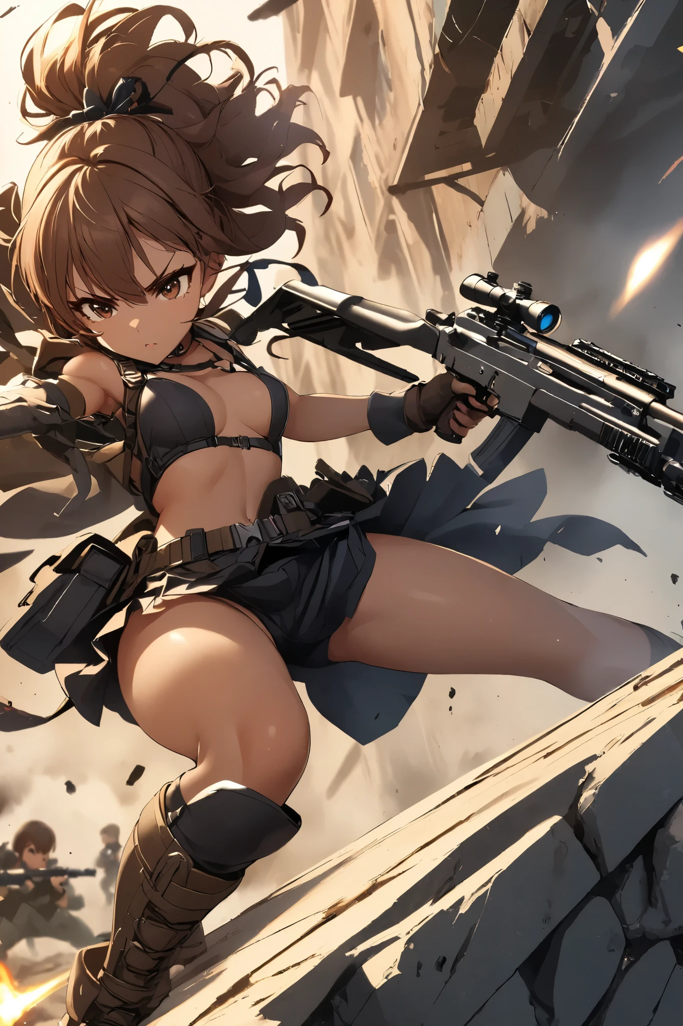  1 girl,   glossy brown skin, small breasts, During combat,Shoot