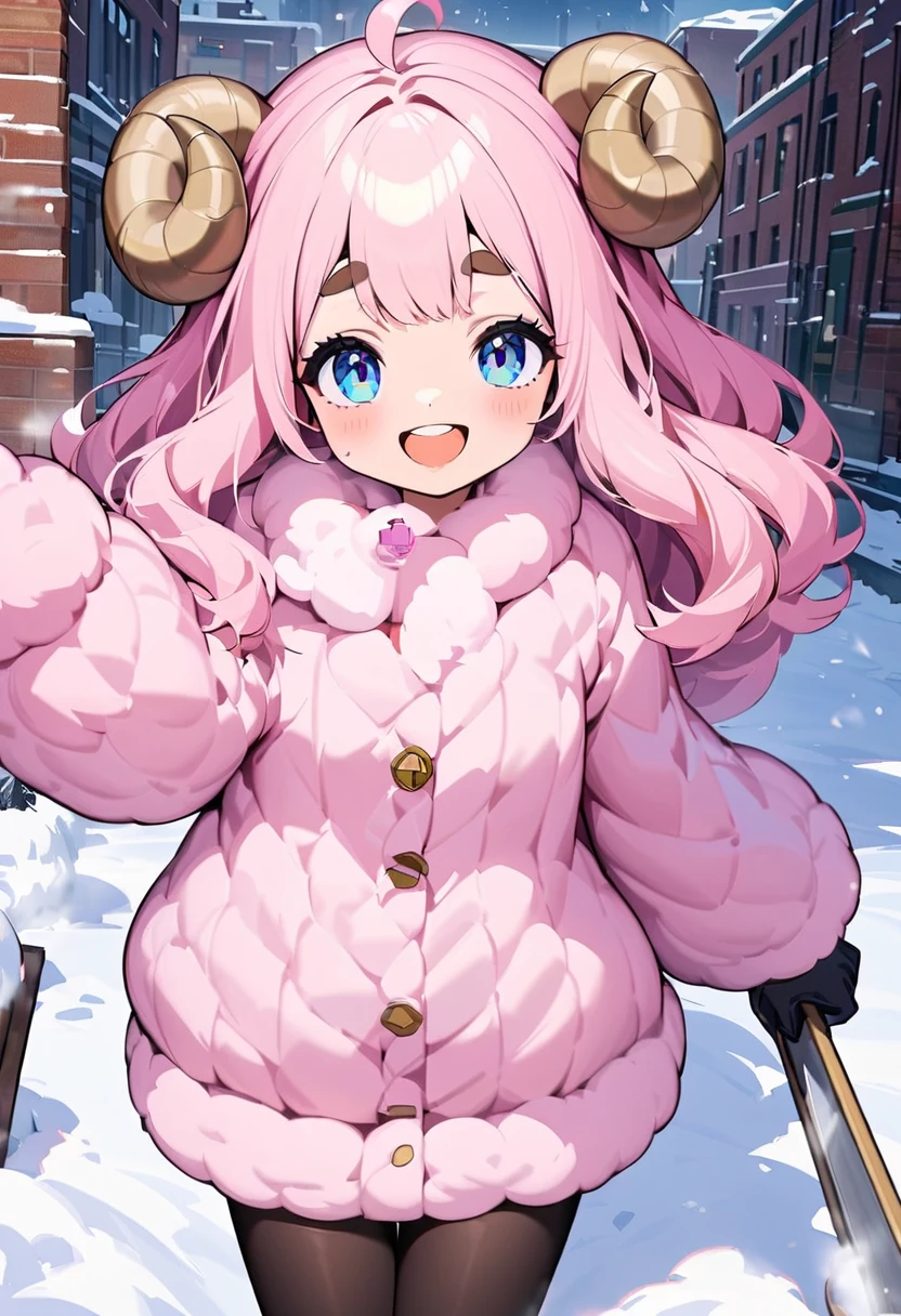 (UHD, best quality,  highres icon), 1girl,  long pink fluffy hair pulling a sled\ Fluffy Long Hair, Sheep&#39;s round horns, Thick eyebrows, smile, I'm looking up at Fluffy Wool Coat , pink vertical stripe sweater,  black tights , Big gloves,  lace-up boots BREAK are looking up,  snow is falling , Beautiful cityscape, People passing by 々