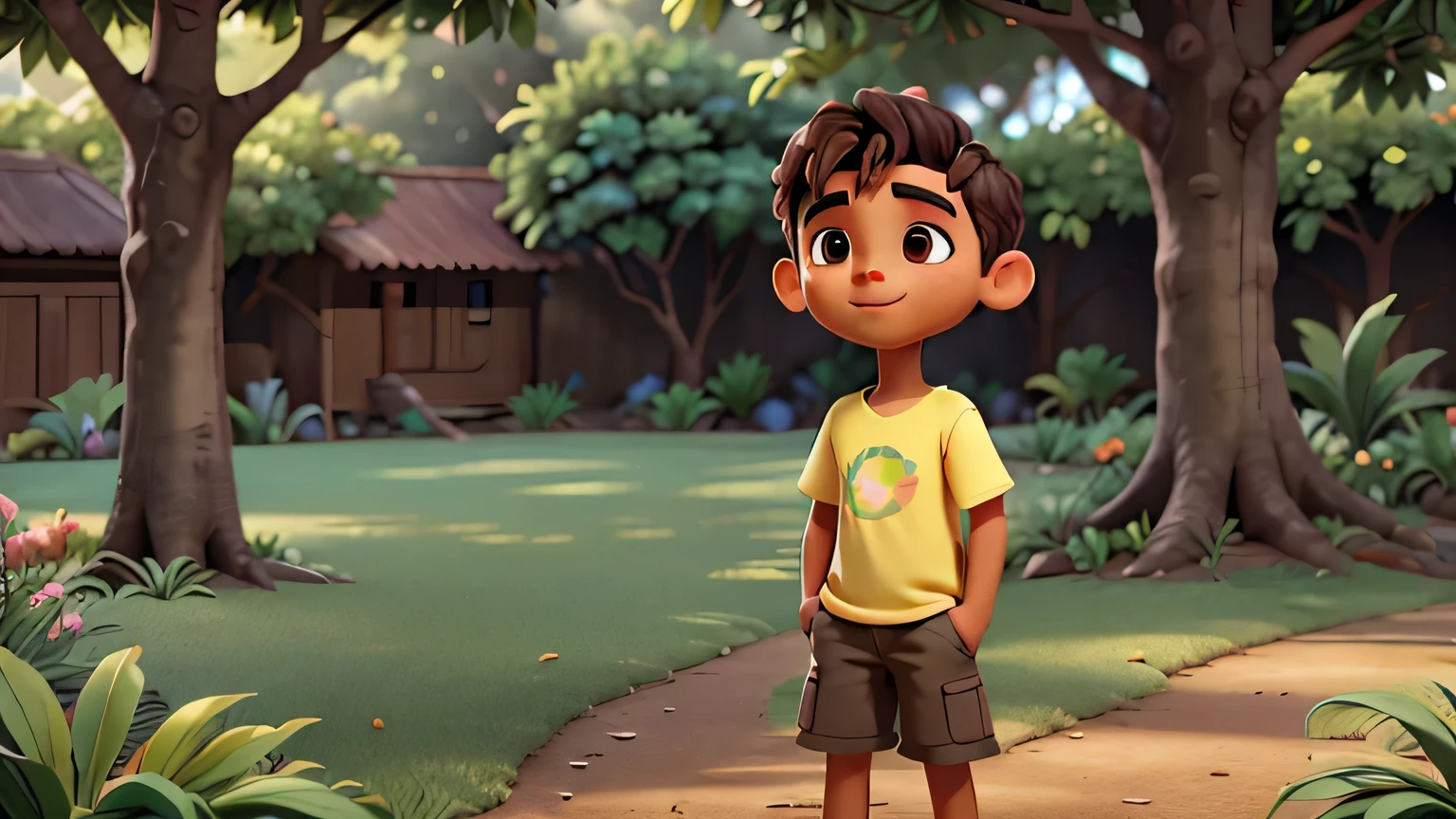 A young Brazilian boy with medium brown skin and short, dark hair stands in a lush, tree-filled backyard. He looks up with excitement as a brightly wrapped present falls gently from the sky. His hands are outstretched, ready to catch it. The sunlight filters through the leaves above, casting soft shadows on the grass. The boy is barefoot, wearing shorts and a light t-shirt, and the scene is filled with vibrant greenery, with tall trees and colorful flowers surrounding him. The present glows slightly as it descends, adding a magical touch to the moment.