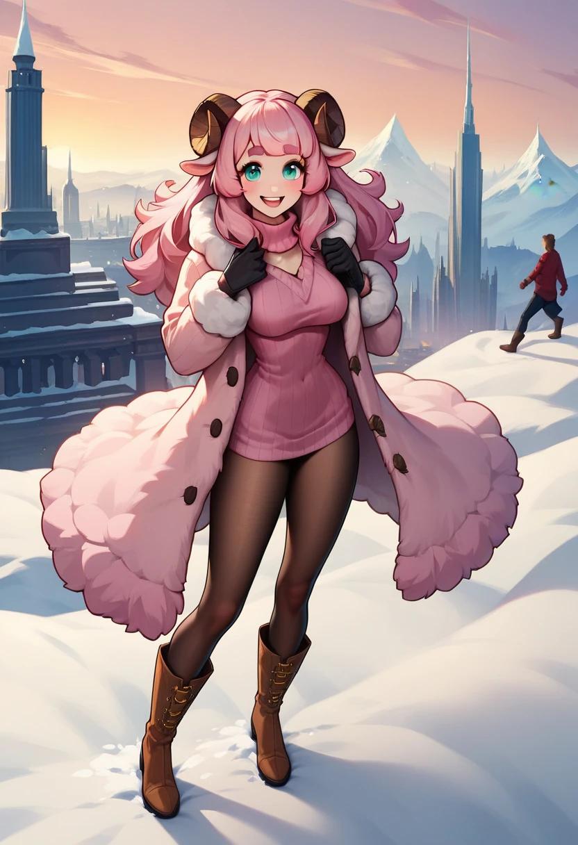 (UHD, best quality,  highres icon), 1girl,  long pink fluffy hair, Sheep&#39;s round horns, Thick eyebrows, smile, I'm looking up at Fluffy Wool Coat , pink vertical stripe sweater,  black tights , Big gloves,  lace-up boots BREAK looking up,  snow is falling , Beautiful cityscape, People passing by 々