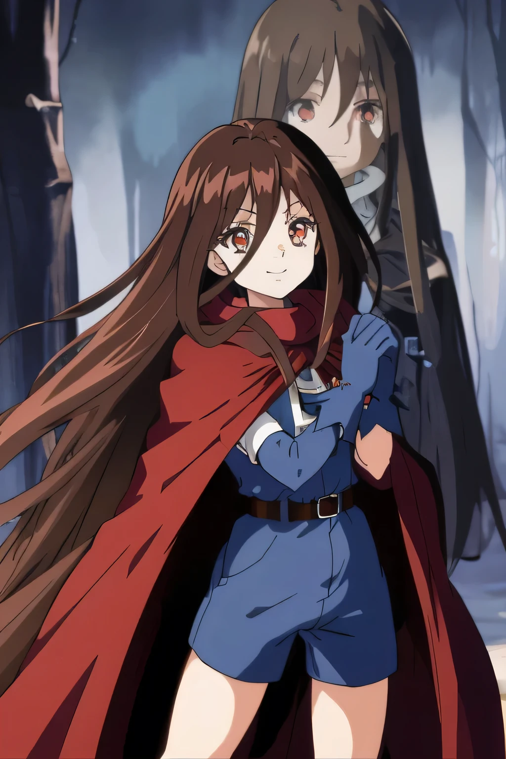 Ai shindou, masterpiece, Best Quality, vampire ,long hair, floating hair, brown hair, blue sea eye, deeper eyes, hoods, blue cloak, blue lightly tunic, gloves, Belt bag, blue shorts, Cowboy Shot, cute smile, dark forest, Looking at Viewer, take a sword and white mask