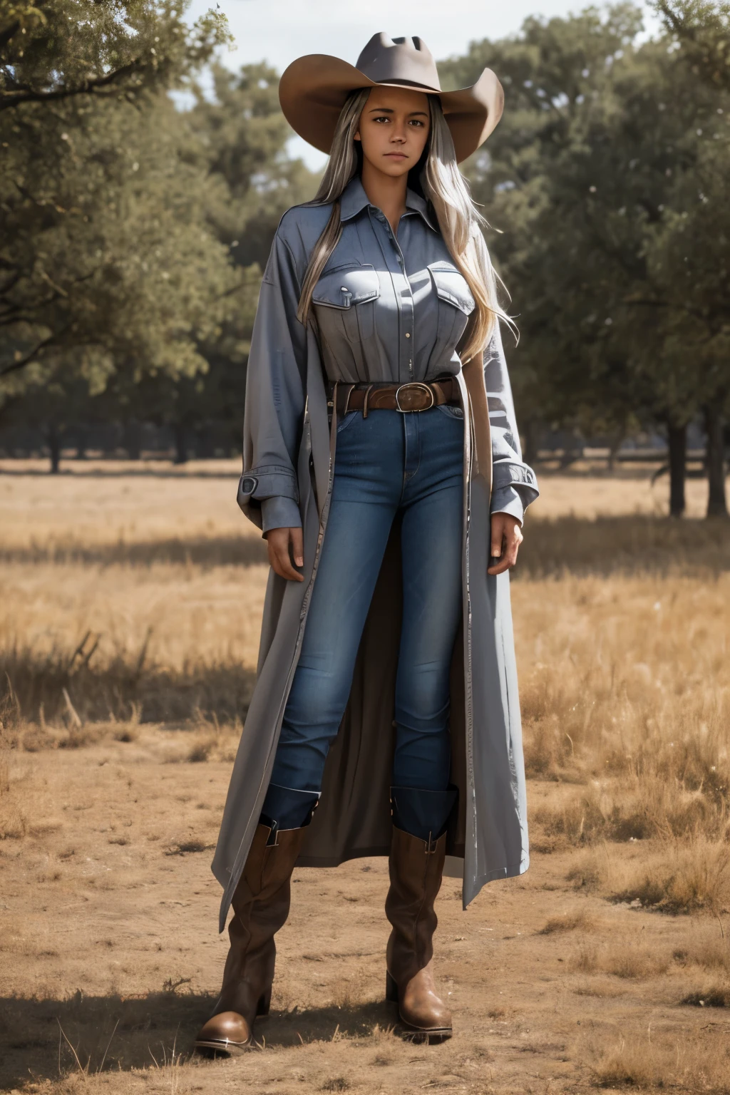 (medium cowboy shot), (eye level), late afternoon, [looking at viewer:1.25], (dutch angle), soft lighting, backlit, late afternoon, younger, extremely tall lanky young age Rashida Jones, symmetric eyes, vast western cattle pasture, dusty, heavy symmetric breasts, (oversized relaxed baggy slack loose elegant tan shirt ), (extremely long silver hair:1.25), gigantic colossal breasts, oversized trenchcoat, dirty matte worn-out cattleman hat with dented crown and curled side brim, leather belt with bronze belt buckle, bluejeans, angus cattle grazing in the distance, wearing an oversized matte dark brown leather trenchcoat