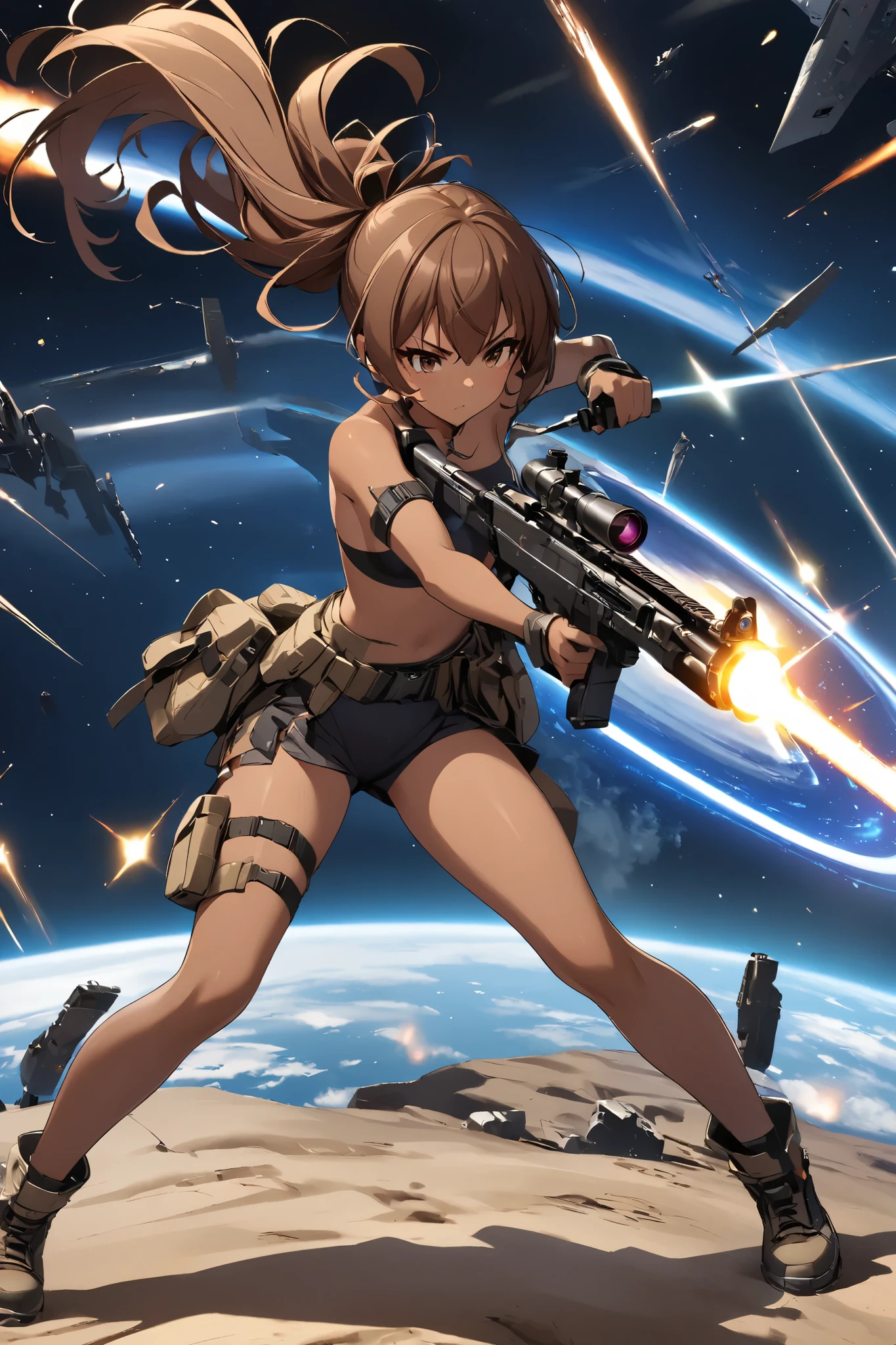  1 girl,   glossy brown skin, small breasts, During combat,Shoot, full body,With the galaxy in the background