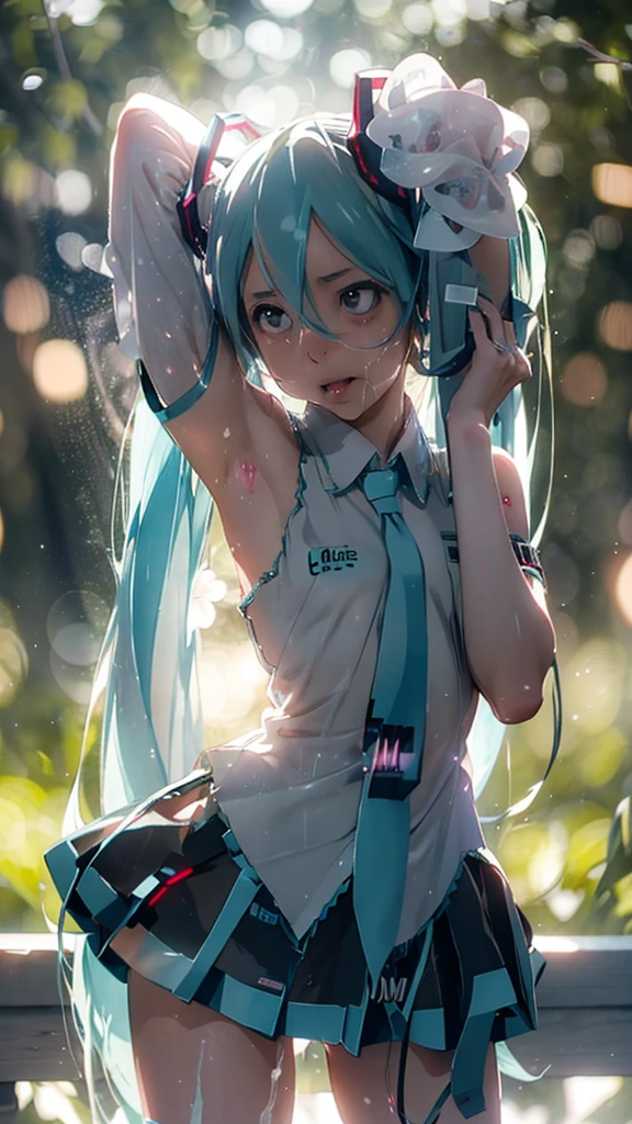 ((perfect anatomy)), (Pull up a very short miniskirt by yourself: 1.3), ((big: 1.4)), beautiful breasts、巨big 的乳房:1.4,display, tearful eyes, Awkward, (Sperm spilled from: 1.5), Blushing woman, ((The girl comes out with a rope, Bell attached to tip)), ((Excellent)), ((masterpiece)), adult cute woman, pretty face, realistic body, realistic eyes, perspective, White knee high shoes, panty shot,, Wet tong, legs spread, Lower chest, (Smooth and radiant skin, sweating: 1.4), ((((Bokeh of other characters: 1.5)))),, ((Bokeh: 1.5) ), thin and long, (brown hair), (Hatsune Miku:1.5), (Racing the future),