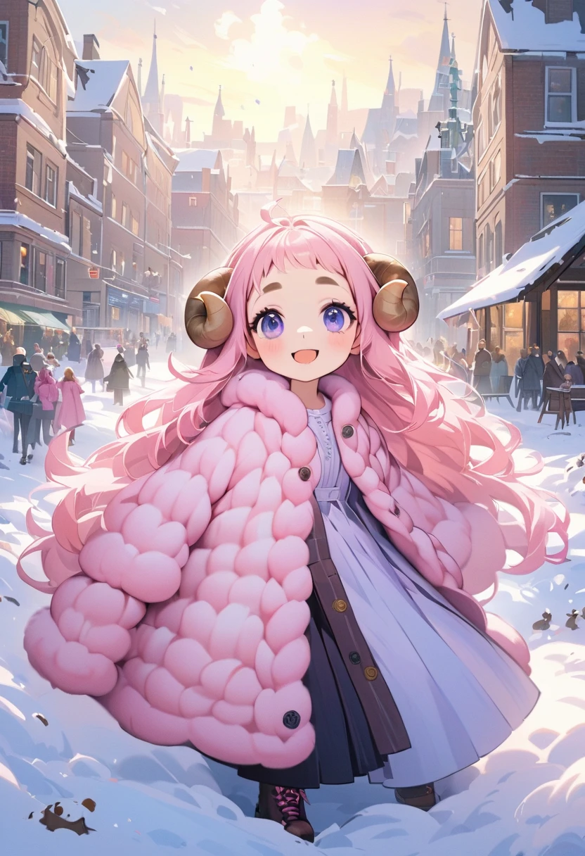 (UHD, best quality,  highres icon), 1girl,  long pink fluffy hair pulling a sled\ Fluffy Long Hair, Sheep&#39;s round horns, Thick eyebrows, smile, I'm looking up at Fluffy Wool Coat , pink vertical stripe sweater,  black tights , Big gloves,  lace-up boots BREAK are looking up,  snow is falling , Beautiful cityscape, People passing by 々