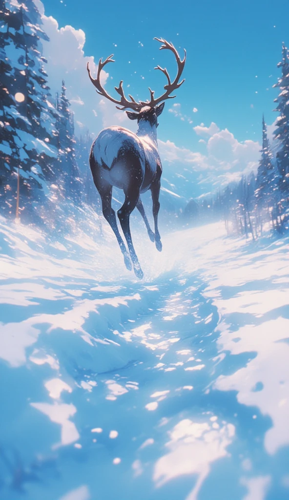 An anime illustration of a footprint trail left by a reindeer. The camera focuses on the footprint trail. Further away, the reindeer with its back facing the camera, is galloping high off the ground, with magic trail under its feet. bokeh effect, with focus on the footprints.