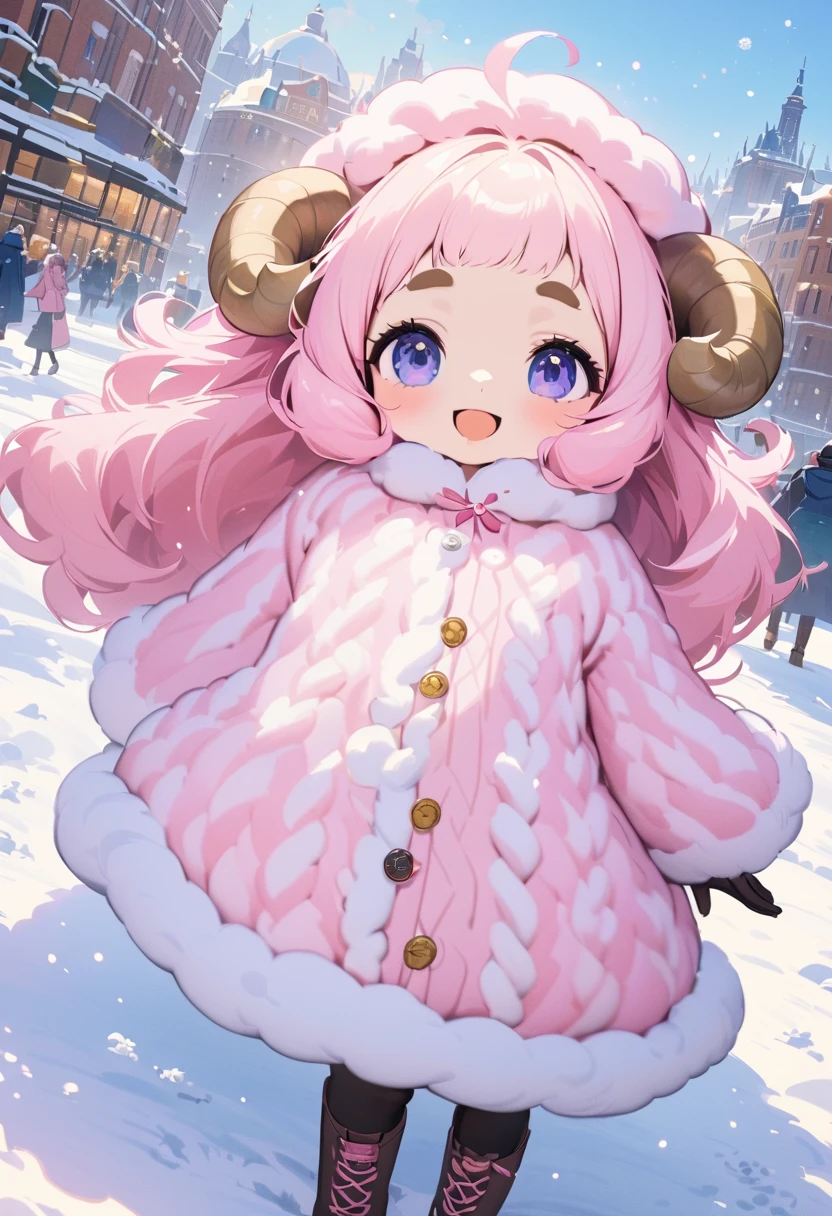 (UHD, best quality,  highres icon), 1girl,  long pink fluffy hair\ Fluffy Long Hair, Sheep&#39;s round horns, Thick eyebrows, smile, I'm looking up at Fluffy Wool Coat , pink vertical stripe sweater,  black tights , Big gloves,  Lace-up Boots BREAK,  snow is falling , Beautiful cityscape, People passing by 々