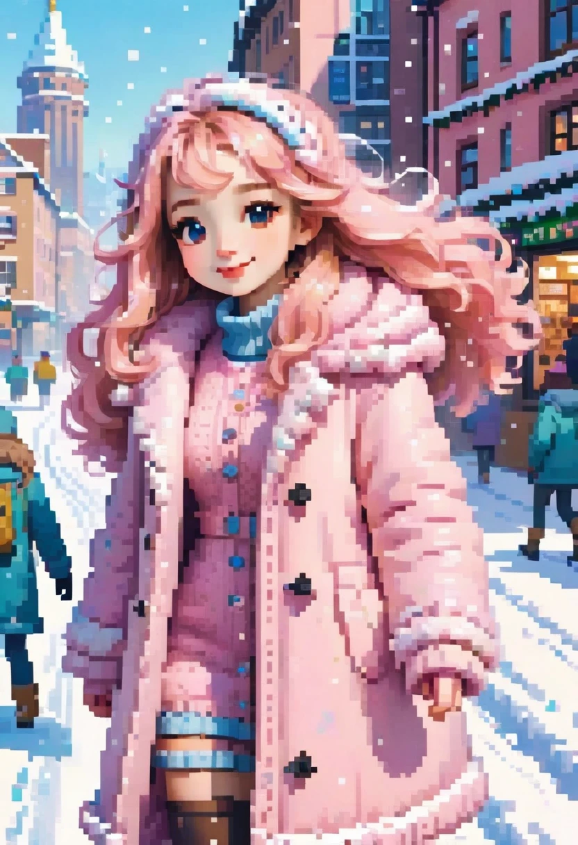 (UHD, best quality,  highres icon), 1girl,  long pink fluffy hair\ Fluffy Long Hair, Sheep&#39;s round horns, Thick eyebrows, smile, I'm looking up at Fluffy Wool Coat , pink vertical stripe sweater,  black tights , Big gloves,  Lace-up Boots BREAK,  snow is falling , Beautiful cityscape, People passing by 々