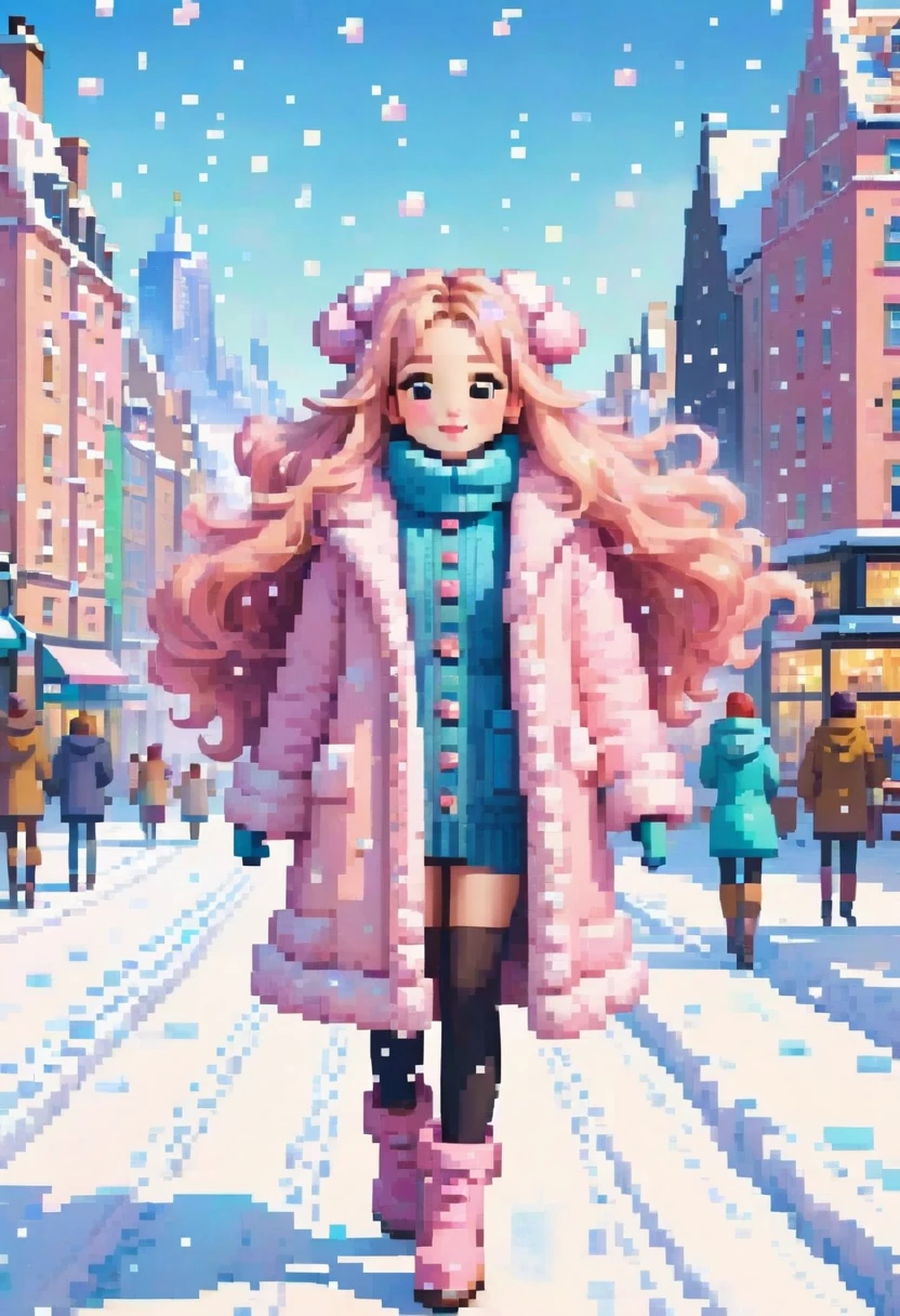 (UHD, best quality,  highres icon), 1girl,  long pink fluffy hair\ Fluffy Long Hair, Sheep&#39;s round horns, Thick eyebrows, smile, I'm looking up at Fluffy Wool Coat , pink vertical stripe sweater,  black tights , Big gloves,  Lace-up Boots BREAK,  snow is falling , Beautiful cityscape, People passing by 々