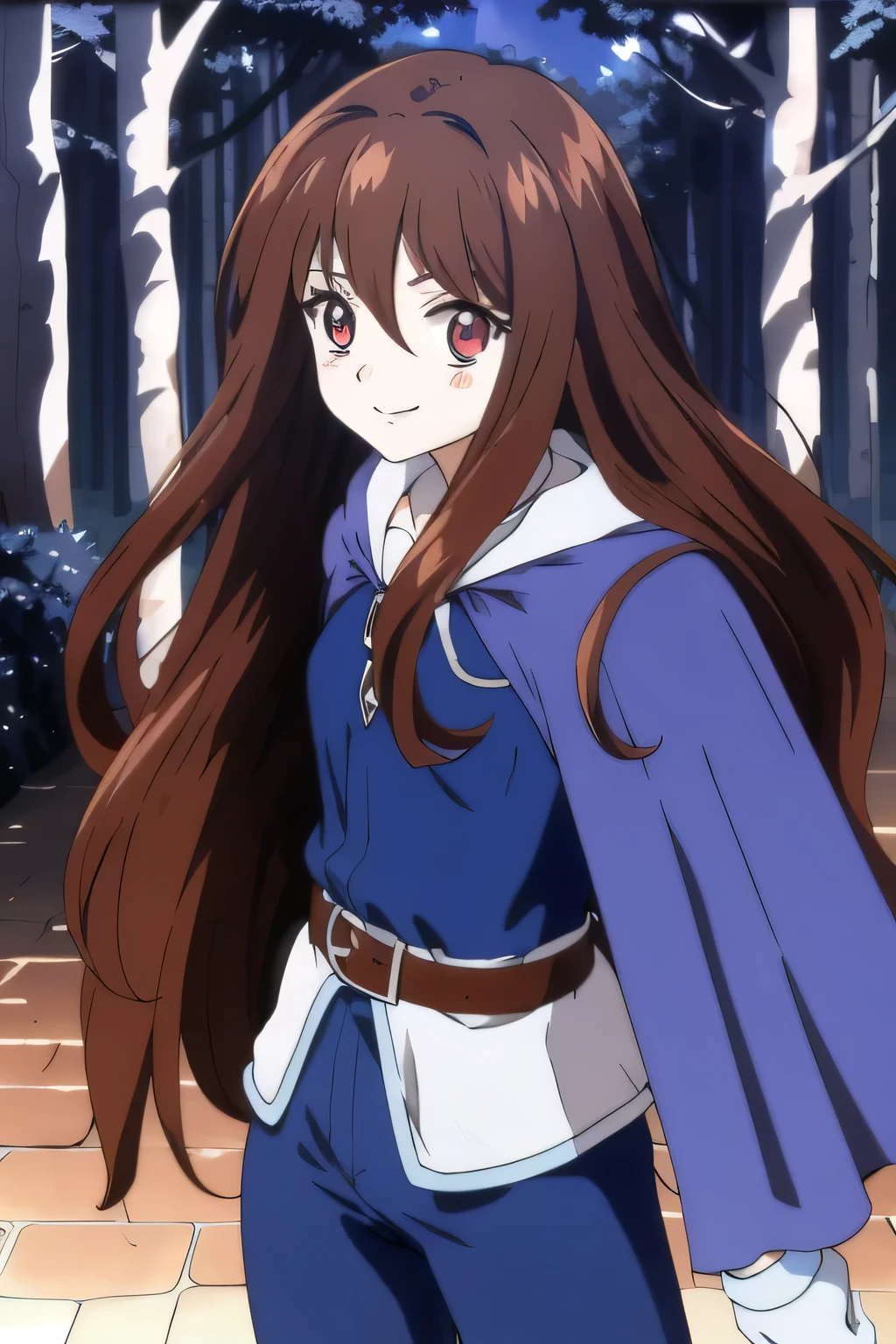 Ai shindou, masterpiece, Best Quality, vampire ,long hair, floating hair, brown hair, blue sea eye, deeper eyes, hoods, blue cloak, blue lightly tunic, gloves, Belt bag, blue shorts, Cowboy Shot, cute smile, dark forest, Looking at Viewer, take a sword and white mask