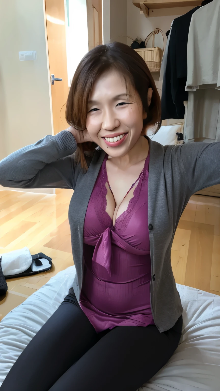 8K shooting, ((Japanese Mature)), ((60 years old:1.4)), ((old woman:1.3)), Japanese Mature Wife, Browsing Caution, One Woman, Small breasts, ((Small breasts)) , ((Flat Chest)), ((Saggy breasts)), ((Full nudity)), Nipples, Low Ponytail, Gray Hair, ((Frame glasses)), ((Red lipstick)), Old folk house at night, On the futon, Candlelight,