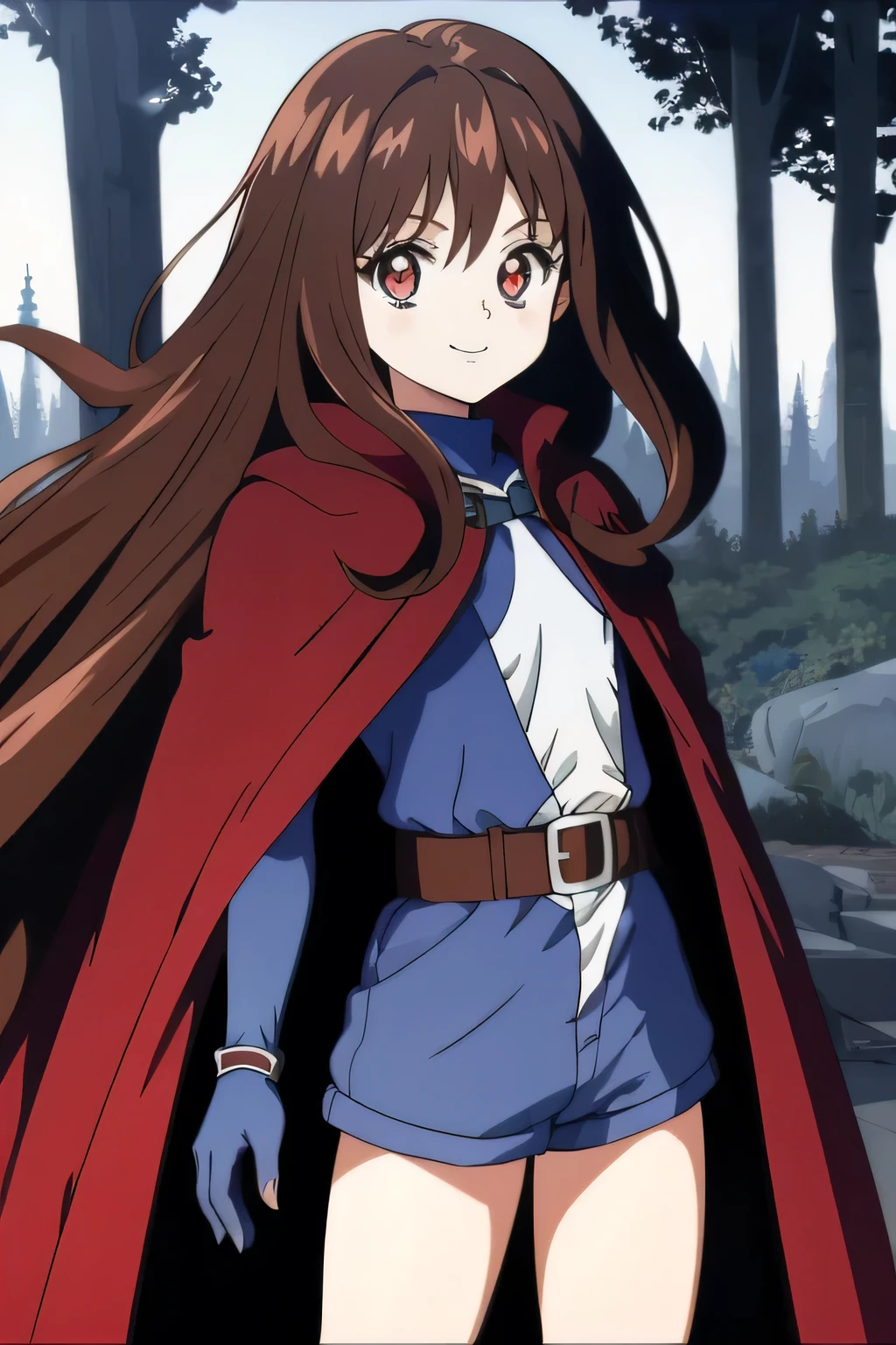 Ai shindou, masterpiece, Best Quality, vampire ,long hair, floating hair, brown hair, blue sea eye, deeper eyes, hoods, blue cloak, blue lightly tunic, gloves, Belt bag, blue shorts, Cowboy Shot, cute smile, dark forest, Looking at Viewer, take a sword and white mask