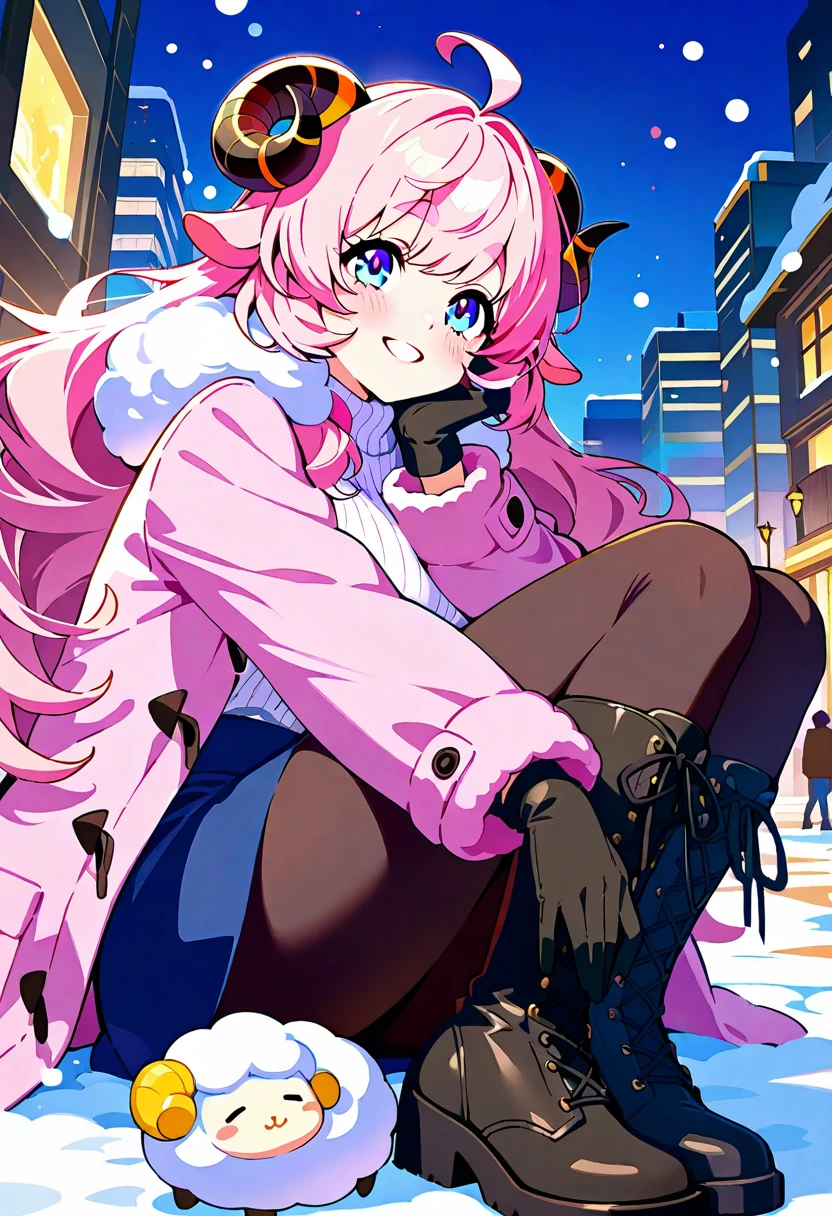 (UHD, best quality,  highres icon), 1girl,  long pink fluffy hair\ Fluffy Long Hair, Sheep&#39;s round horns, Thick eyebrows, smile, I'm looking up at Fluffy Wool Coat , pink vertical stripe sweater,  black tights , Big gloves,  lace-up boots BREAK looking up,  snow is falling , Beautiful cityscape, People passing by々