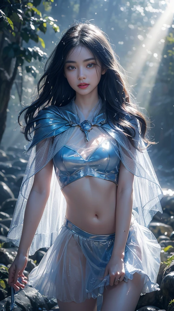 a very beautiful japanese girl, very cute high school girl assassin, detailed portrait of innocent 17-years-old virgin, ((in the mountain trail:1.2)), (off-shoulder-silver breastplate:1.2), (purple long maxi-skirt, purple arm cover, silver booties:1.2),(full body, run away:1.2),(blush, she calls for aid, crying out in a loud manner, open mouth wide:1.2), she was paralyzed with fear, perfect body, cold sweat, body soaked in sweat, firm and elastic skin, lively faces, glowing lips, watery eyes, cute double eyelids and black eyes, cleavage, attractive thighs, glossy straight medium black hair, asymmetrical bangs, hair flutters, dark fantasy, photo-realistic, surreal, cinematic lighting, 32K, backlight, (bright light:1.2), (Improvement of quality:1.4), (Highest quality realistic textured skin:1.4),detailed eyes, detailed face, detailed hand,(Enhances the beauty of skin texture:1.1)