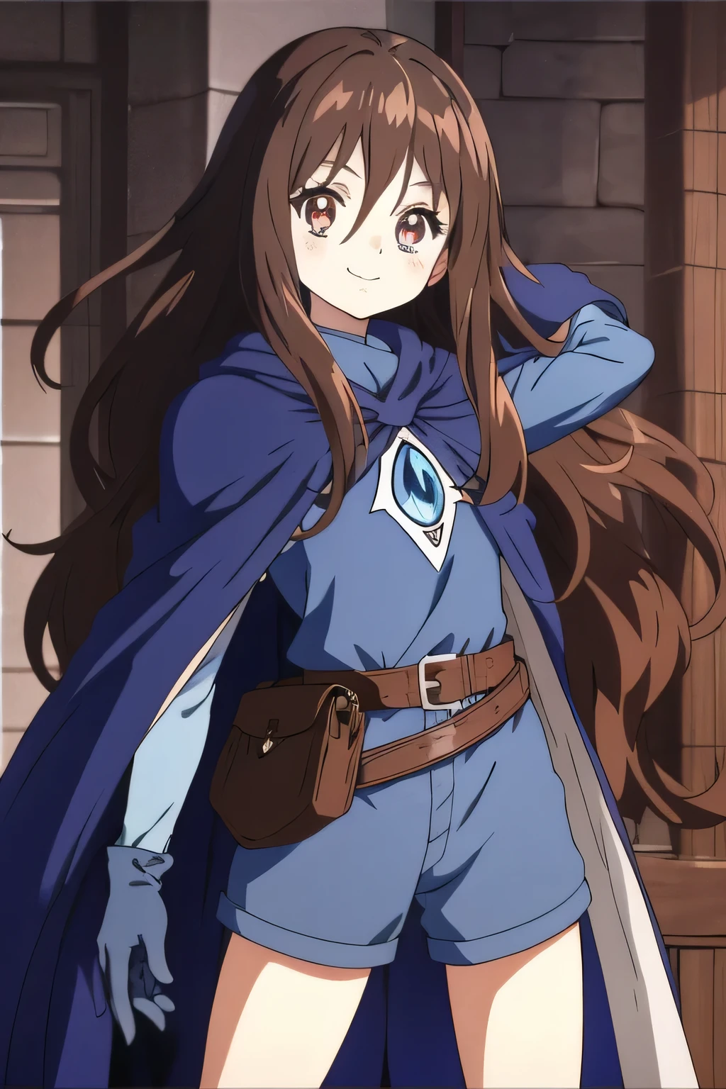 Ai shindou, masterpiece, Best Quality, vampire ,long hair, floating hair, brown hair, blue sea eye, deeper eyes, hoods, blue cloak, blue lightly tunic, gloves, Belt bag, blue shorts, Cowboy Shot, cute smile, dark forest, Looking at Viewer, take a sword and white mask