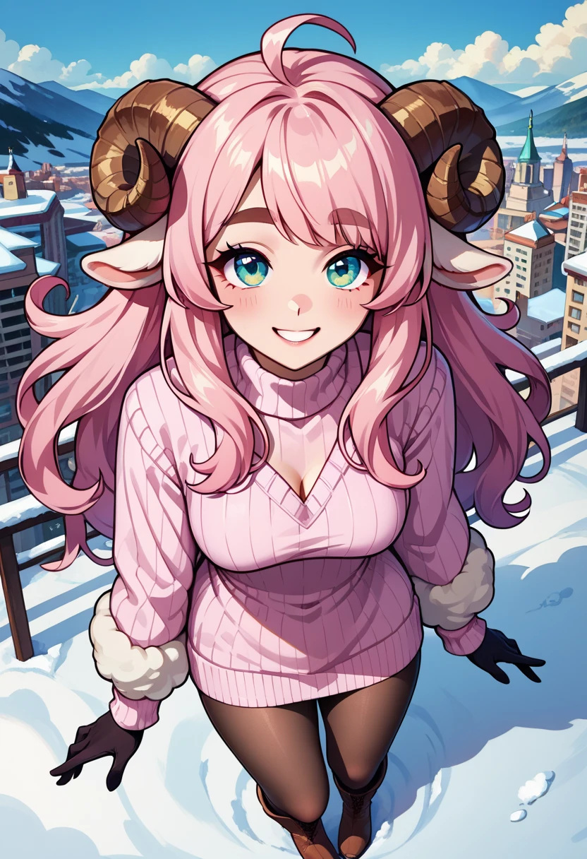 (UHD, best quality,  highres icon), 1girl,  long pink fluffy hair pulling a sled\ Fluffy Long Hair, Sheep&#39;s round horns, Thick eyebrows, smile, I'm looking up at Fluffy Wool Coat , pink vertical stripe sweater,  black tights , Big gloves,  lace-up boots BREAK are looking up,  snow is falling , Beautiful cityscape, People passing by々