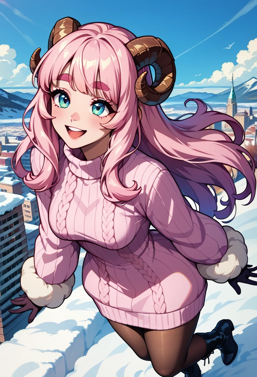 (UHD, best quality,  highres icon), 1girl,  long pink fluffy hair pulling a sled\ Fluffy Long Hair, Sheep&#39;s round horns, Thick eyebrows, smile, I'm looking up at Fluffy Wool Coat , pink vertical stripe sweater,  black tights , Big gloves,  lace-up boots BREAK are looking up,  snow is falling , Beautiful cityscape, People passing by々