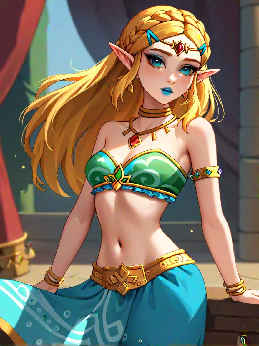 Score_9, Score_8_high, Score_7_high, Score_6_high, Score_5_high, Score_4_high,
BREAK
1girl, Princess Zelda, the legend of Zelda:  tears of the kingdom ,braid , blonde hair,Cyan-colored Eyes, elf,  raised as gerudo
BREAK
solo,  standing, cowboy shot, white gerudo clothes , strapless, slim,  gerudo eyeshadow , , ,blue lipstick
 BREAK
gerudo town background , 