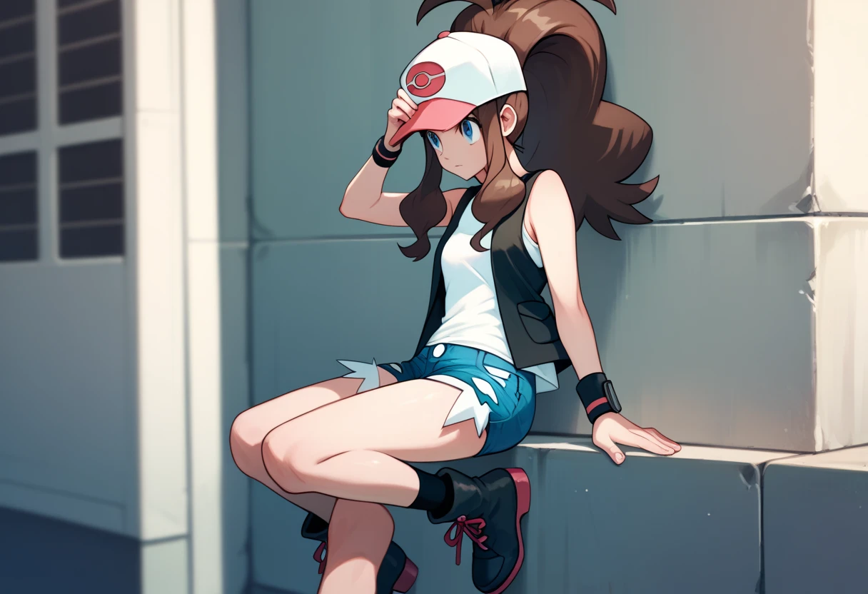 1girl, hilda \(pokemon\), brown hair, long hair, high ponytail, sidelocks, blue eyes, 
baseball cap, black vest, sleeveless, white shirt, blue denim short shorts, exposed pocket, socks, boots, wristband