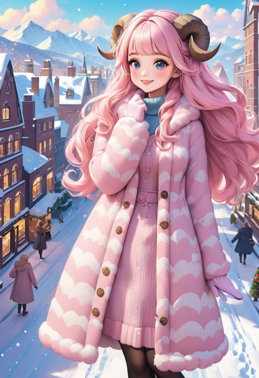 (UHD, best quality,  highres icon), 1girl,  long pink fluffy hair\ Fluffy Long Hair, Sheep&#39;s round horns, Thick eyebrows, smile, I'm looking up at Fluffy Wool Coat , pink vertical stripe sweater,  black tights , Big gloves,  lace-up boots BREAK looking up,  snow is falling , Beautiful cityscape, People passing by々