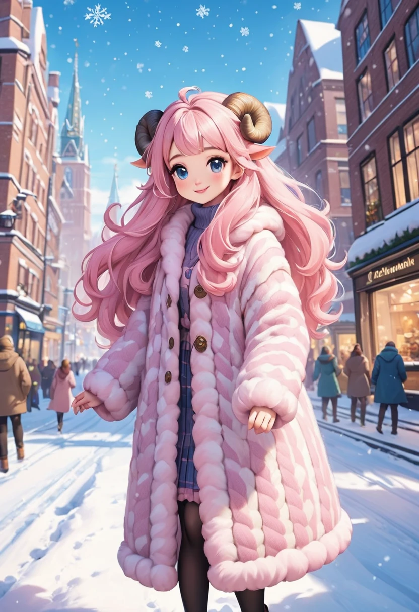 (UHD, best quality,  highres icon), 1girl,  long pink fluffy hair\ Fluffy Long Hair, Sheep&#39;s round horns, Thick eyebrows, smile, I'm looking up at Fluffy Wool Coat , pink vertical stripe sweater,  black tights , Big gloves,  lace-up boots BREAK looking up,  snow is falling , Beautiful cityscape, People passing by々