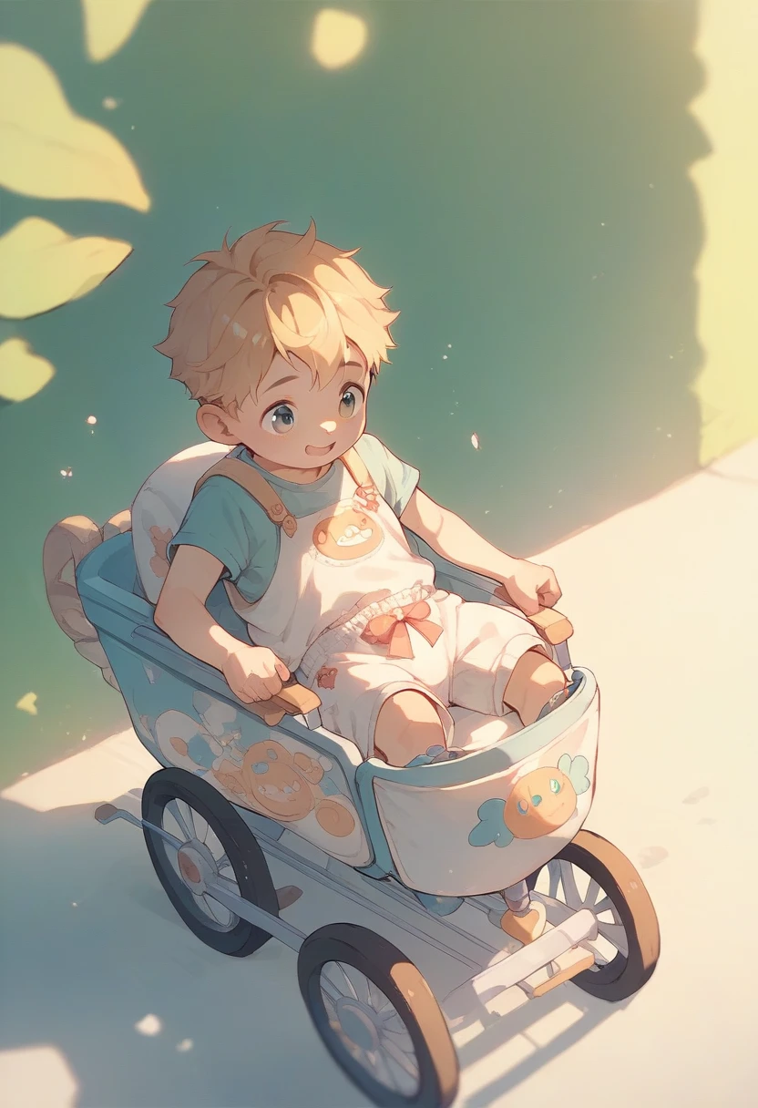 A boy transforms as cute as a ****, wears diapers with cute patterns, rides in a stroller, and laughs innocently、