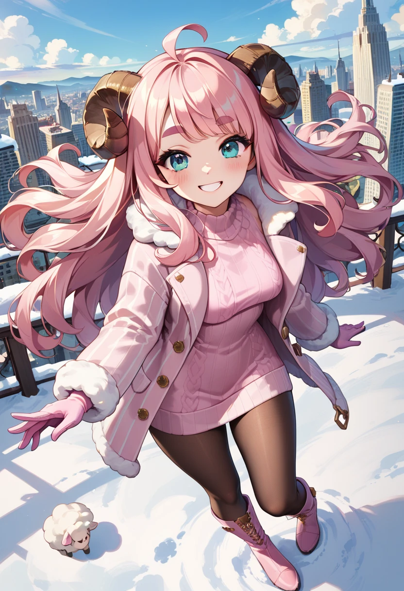 (UHD, best quality,  highres icon), 1girl,  long pink fluffy hair\ Fluffy Long Hair, Sheep&#39;s round horns, Thick eyebrows, smile, I'm looking up at Fluffy Wool Coat , pink vertical stripe sweater,  black tights , Big gloves,  lace-up boots BREAK looking up,  snow is falling , Beautiful cityscape, People passing by々