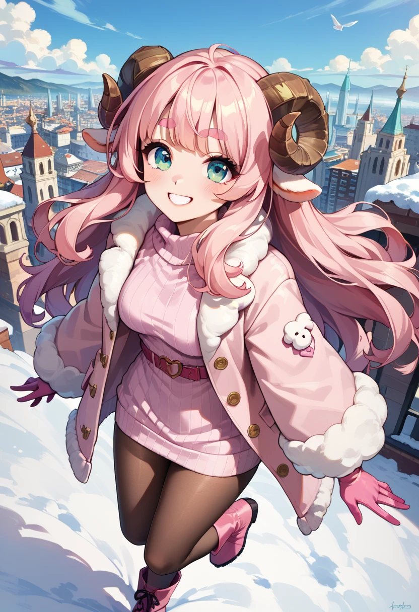 (UHD, best quality,  highres icon), 1girl,  long pink fluffy hair\ Fluffy Long Hair, Sheep&#39;s round horns, Thick eyebrows, smile, I'm looking up at Fluffy Wool Coat , pink vertical stripe sweater,  black tights , Big gloves,  lace-up boots BREAK looking up,  snow is falling , Beautiful cityscape, People passing by々