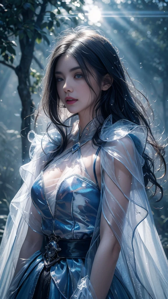 (((1 girl)))，dynamic poses，（Crystal dress：1.5），（magic circle：1.2），magic circle，blue concentric circles，ice crystals，concentric circles of frost，(((icicle)))，Ice mist，Ice particle effects，（Ice butterfly：1.2），Amazing results，,best quality,masterpiece,ultra high resolution,detailed，8K resolution,chiaroscuro，NVIDIA RTX