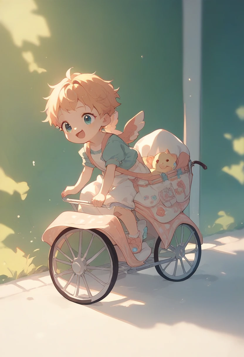 A  transforms into a cute baby, wears diapers with cute patterns, rides in a stroller, and laughs innocently、