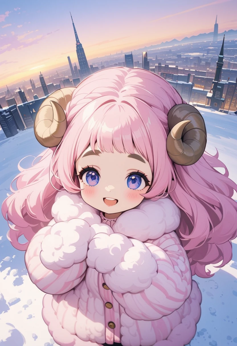 (UHD, best quality,  highres icon), 1girl,  long pink fluffy hair\ Fluffy Long Hair, Sheep&#39;s round horns, Thick eyebrows, smile, I'm looking up at Fluffy Wool Coat , pink vertical stripe sweater,  black tights , Big gloves,  lace-up boots BREAK looking up,  snow is falling , Beautiful cityscape, People passing by々