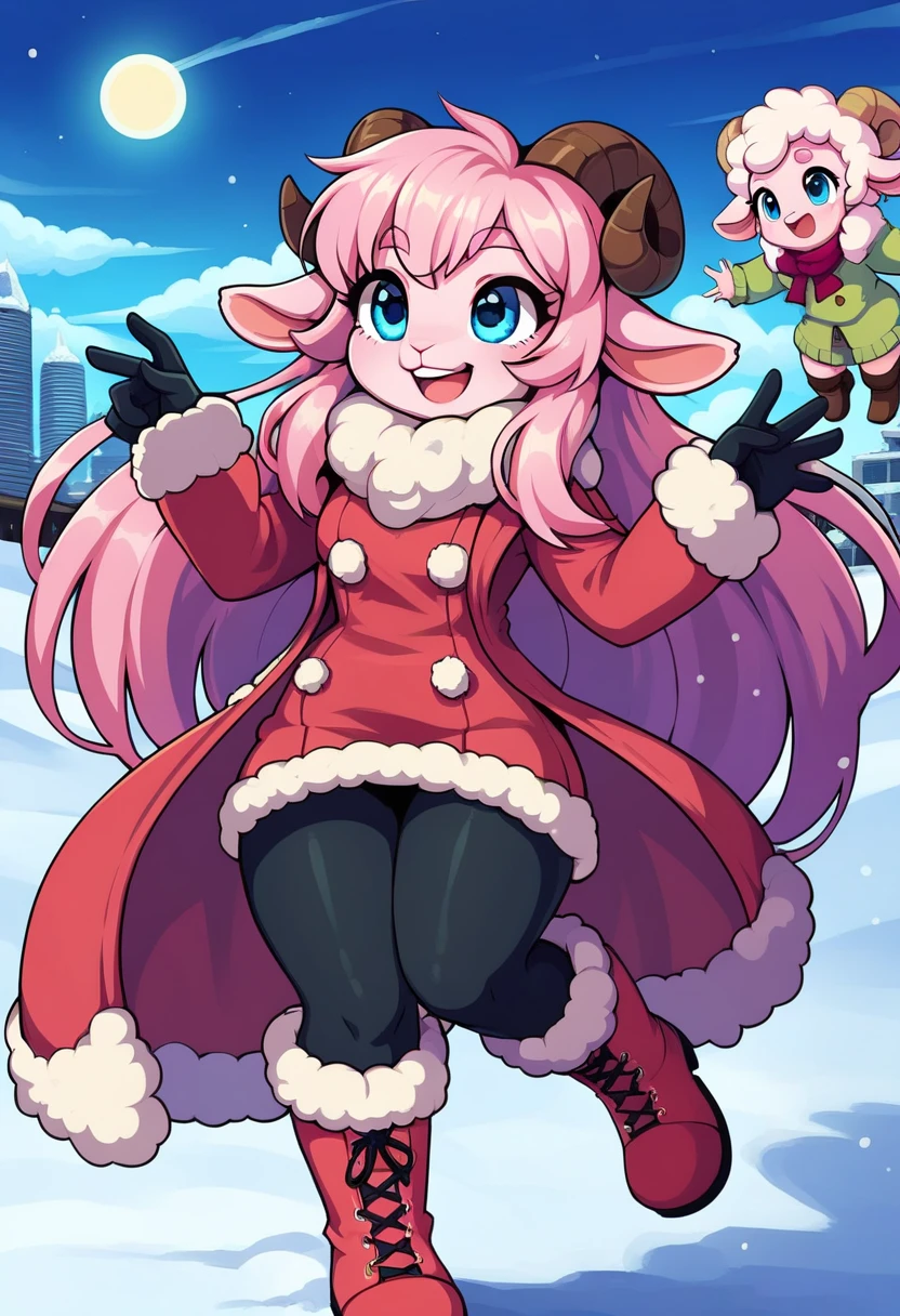 (UHD, best quality,  highres icon), 1girl,  long pink fluffy hair\ Fluffy Long Hair, Sheep&#39;s round horns, Thick eyebrows, smile, I'm looking up at Fluffy Wool Coat , pink vertical stripe sweater,  black tights , Big gloves,  lace-up boots BREAK looking up,  snow is falling , Beautiful cityscape, People passing by々