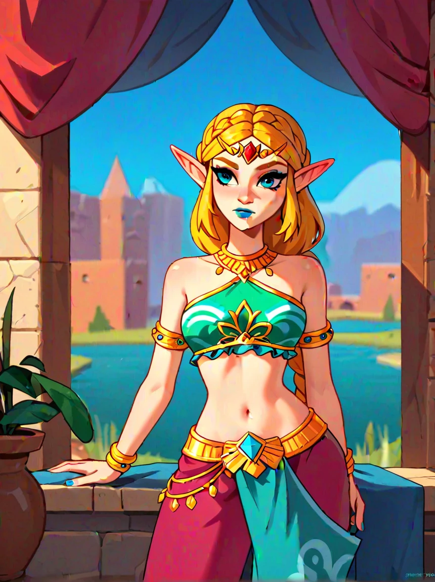 Score_9, Score_8_high, Score_7_high, Score_6_high, Score_5_high, Score_4_high,
BREAK
1girl, Princess Zelda, the legend of Zelda:  tears of the kingdom ,braided hair , blonde hair,Cyan-colored Eyes, elf,  raised as gerudo
BREAK
solo,  standing, cowboy shot, white gerudo clothes , strapless, slim,  gerudo eyeshadow , , ,blue lipstick
 BREAK
gerudo town background , 