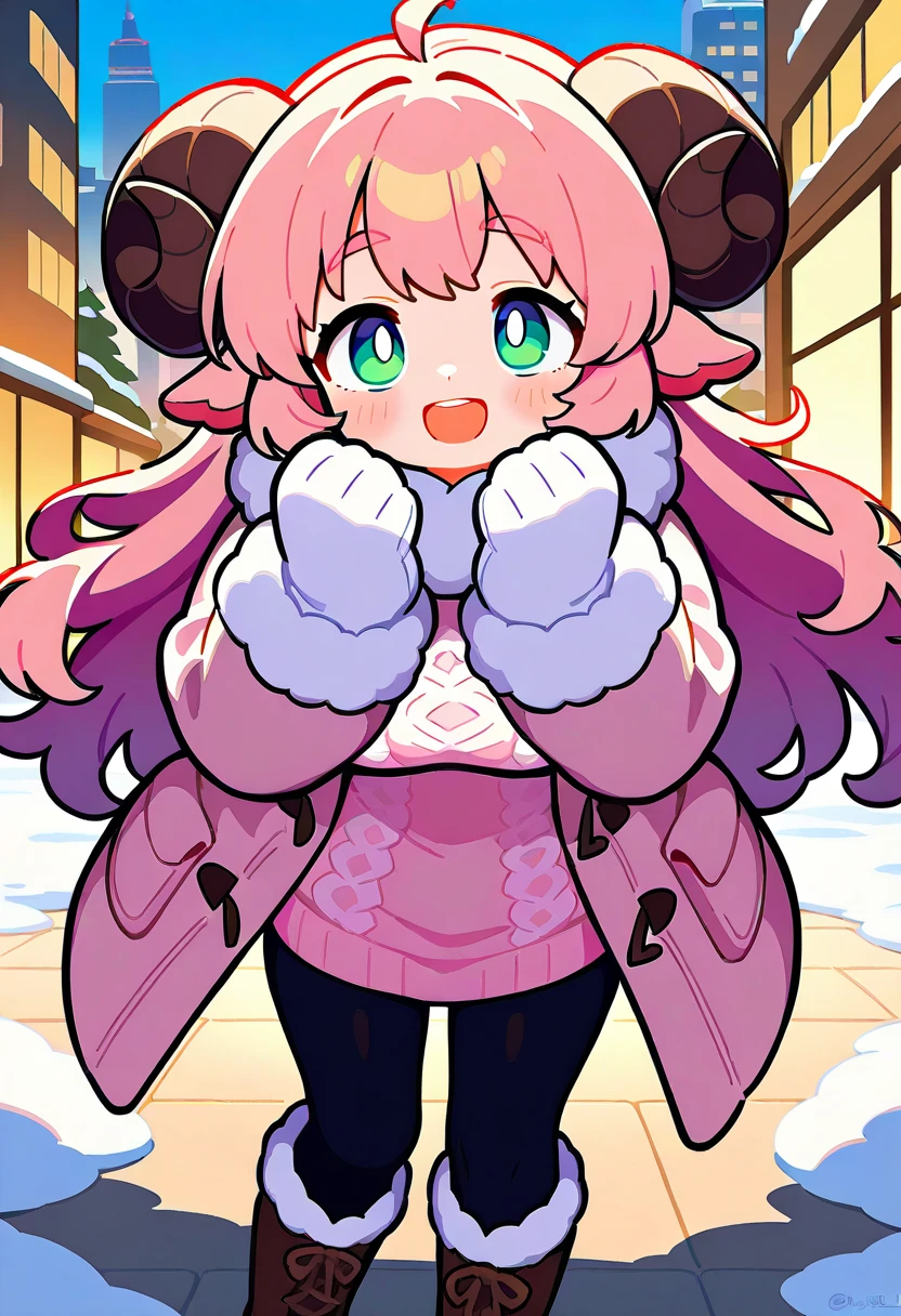 (UHD, best quality,  highres icon), 1girl,  long pink fluffy hair\ Fluffy Long Hair, Sheep&#39;s round horns, Thick eyebrows, smile, I'm looking up at Fluffy Wool Coat , pink vertical stripe sweater,  black tights , Big gloves,  Lace-up Boots BREAK,  snow is falling , Beautiful cityscape, People passing by々