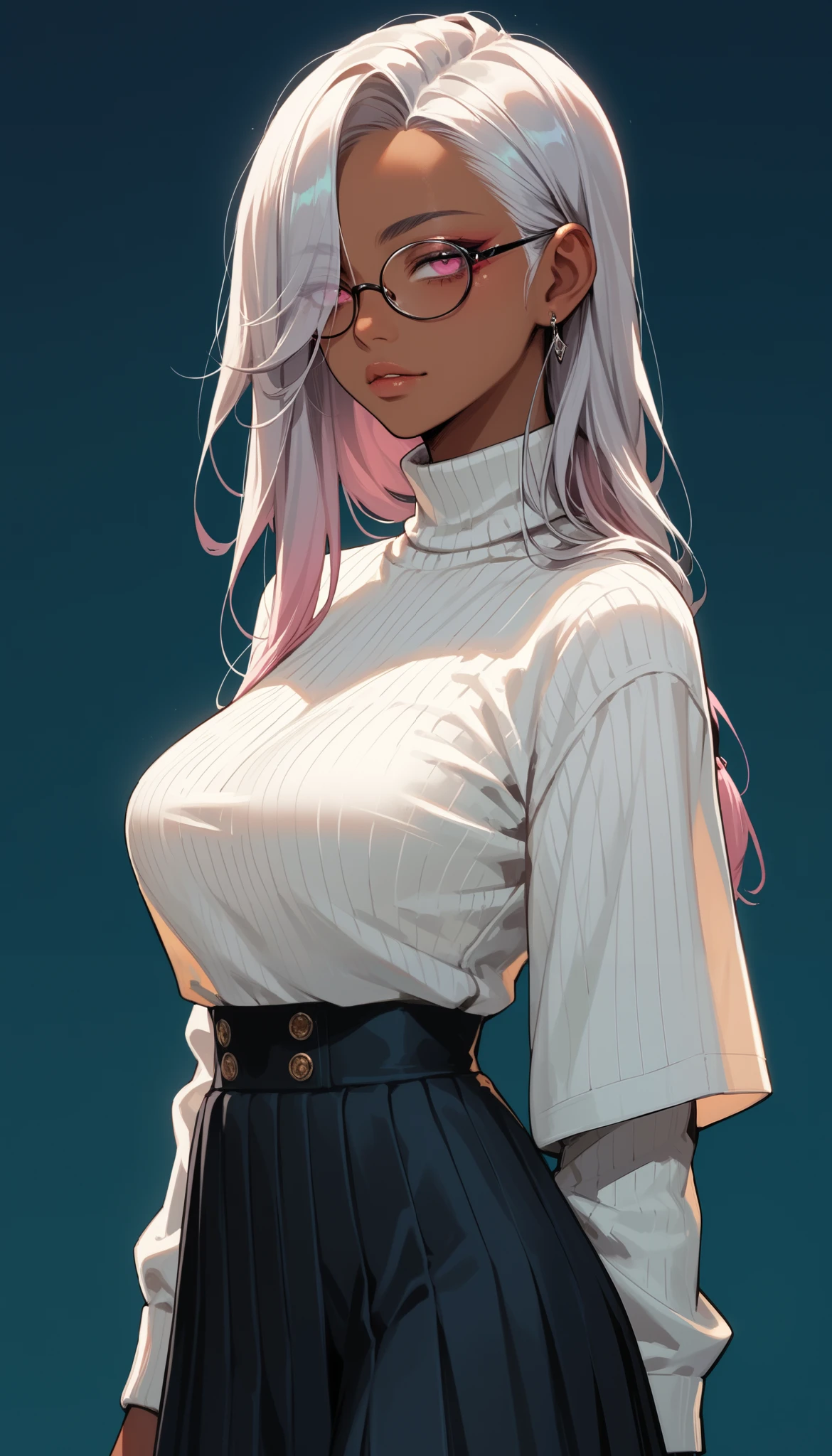 score_9, score_8_up, score_7_up, score_6_up, score_5_up, score_4_up, source_anime, solo focus, Fayela, narrowed eyes, Pink eyes, silver hair, long hair, (side-swept), {side-parted-hair), hair over one eye, big breasts, sagging breast, ((tanned female:1.4)), High neck long sleeve white ribbed knit T-shirt (loose), Long maxi skirt, Long hair tied in a low position, Glasses, ((From the side)), dynamic angle, vibrant color, pov