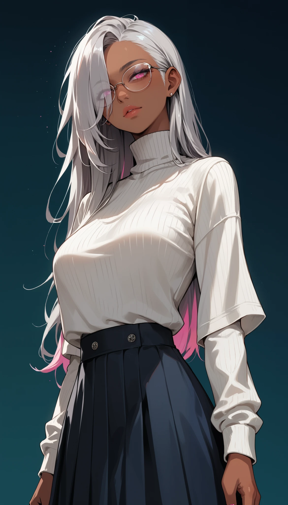 score_9, score_8_up, score_7_up, score_6_up, score_5_up, score_4_up, source_anime, solo focus, Fayela, narrowed eyes, Pink eyes, silver hair, long hair, (side-swept), {side-parted-hair), hair over one eye, big breasts, sagging breast, ((tanned female:1.4)), High neck long sleeve white ribbed knit T-shirt (loose), Long maxi skirt, Long hair tied in a low position, Glasses, ((From the side)), dynamic angle, vibrant color, pov