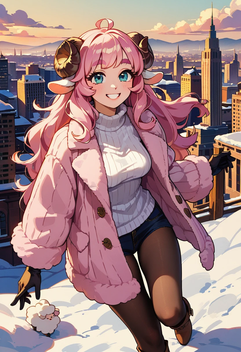 (UHD, best quality,  highres icon), 1girl,  long pink fluffy hair pulling a sled\ Fluffy Long Hair, Sheep&#39;s round horns, Thick eyebrows, smile, I'm looking up at Fluffy Wool Coat , pink vertical stripe sweater,  black tights , Big gloves,  lace-up boots BREAK are looking up,  snow is falling , Beautiful cityscape, People passing by々