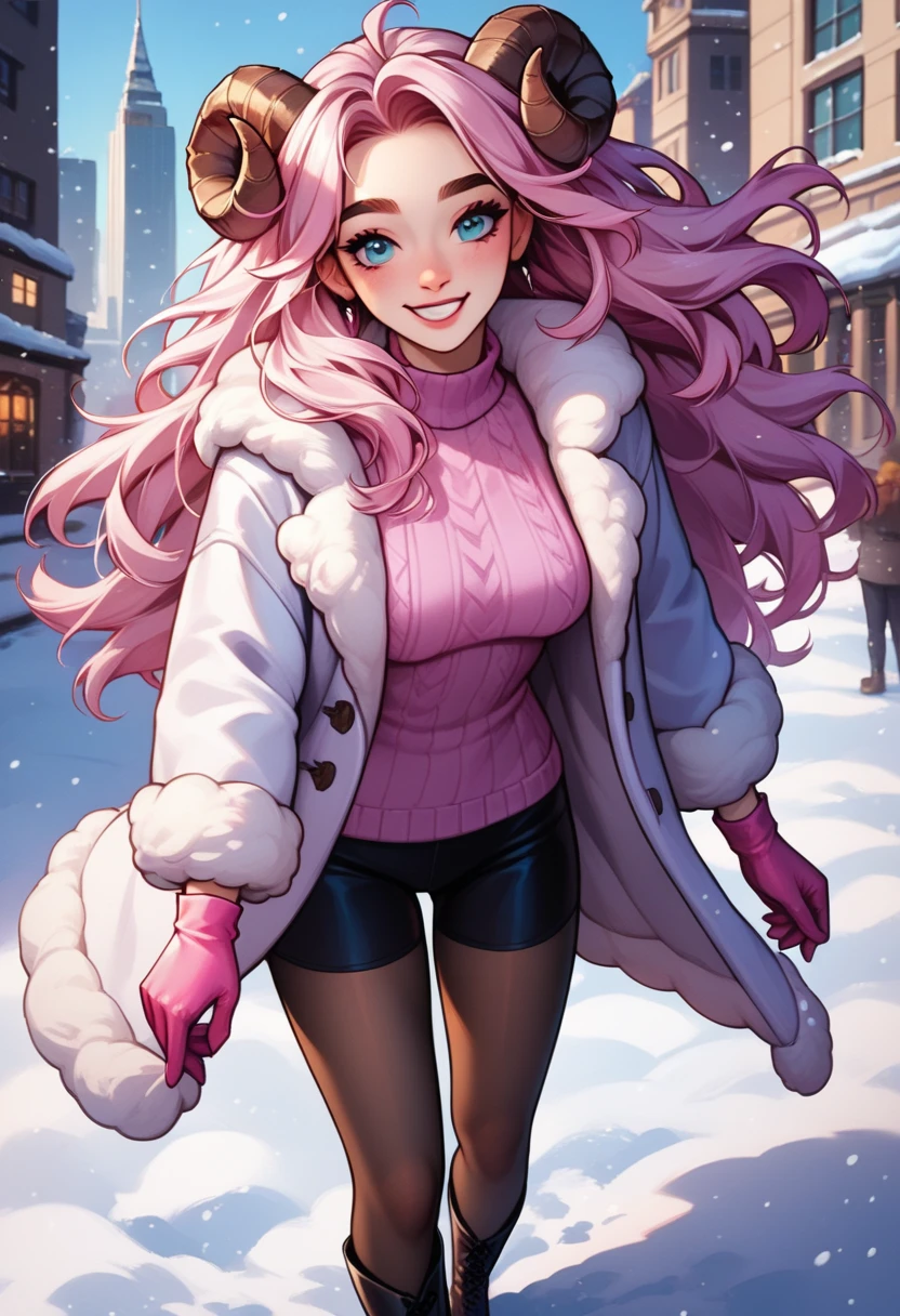 ((masterpiece)), (best quality), (detailed), 1girl,
looking at viewer, (lipstick:0.75), leaning forward,
long pink hair, twintails,
colorful thighighs,
winter, vivid colors,