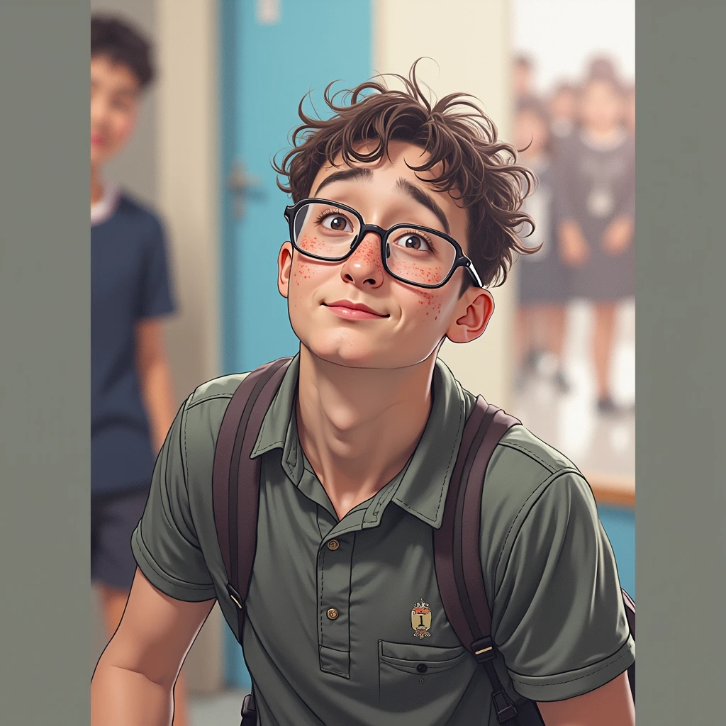 (ultra-detailed,highres),(realistic),(boy in specs),(portrait),(vivid colors),(soft lighting),(indoor scene),(bookshelf in the background),(contemporary art),(gradient color palette),(symmetrical composition),(sharp focus),(pensive expression),(slightly messy hair),(modern eyeglasses),(casual attire),(standing position)