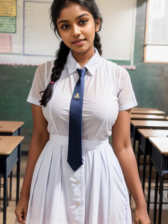 Srilankan school girl , boobs, school white frock,in the classroom, frock with pockets , wearing white vest camisole as a undergarment , see through 