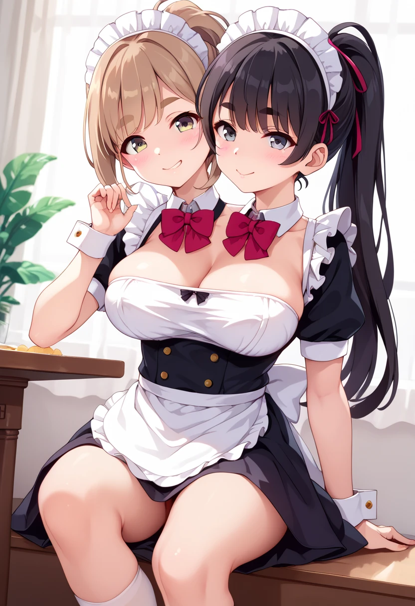 best resolution, conjoined, anime girl with two heads, 8-foot tall, different hairstyles, black hair middle part bangs with ponytail, short spiky light-brown hair,  different skin colors,  tareme eyes, tsurime eyes,  different eyebrows, flirty expression, maid costume, pinning down, maid cafe